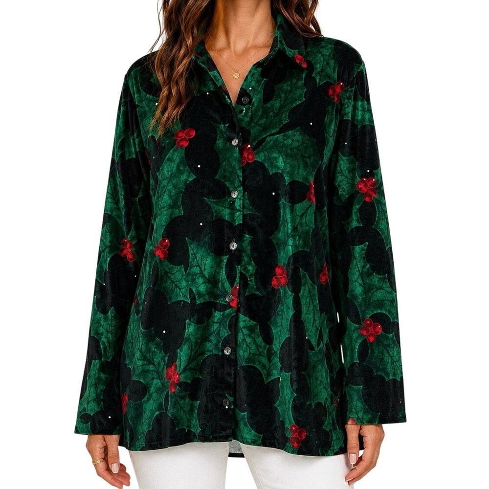 NEW NWOT The Quacker Factory Sz 1X Green Velvet Christmas Holiday Shirt Top